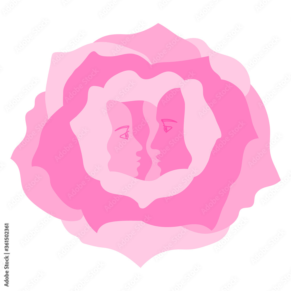 Couple in love. Silhouettes of lovers inside a rose flower. Romantic vector illustration. Couple in love. Silhouettes of lovers inside a rose flower. Romantic vector illustration.