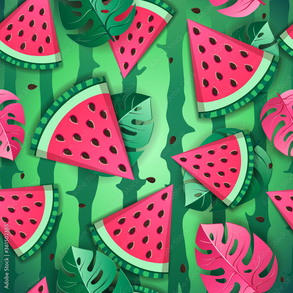 Naklejka Seamless pattern with watermelon slices and tropic leaves. Vector illustration. Watermelon summer background