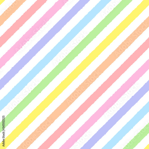 Rainbow seamless diagonal striped pattern, vector illustration. Seamless pattern with rough pastel colorful lines. Kids pastel rainbow geometric background with rough lines