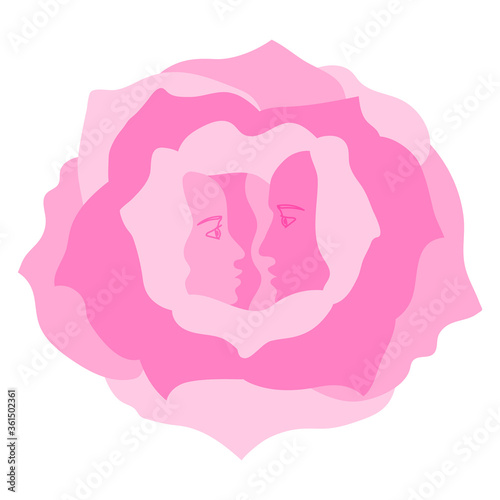 Couple in love. Silhouettes of lovers inside a rose flower. Romantic vector illustration.