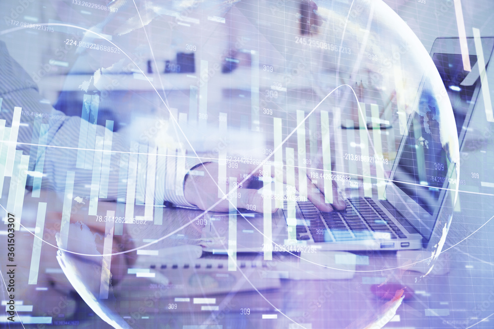 Multi exposure of businessman working on laptop on background. International business hologram in front. Concept of success. Multi exposure of businessman working on laptop on background. International business hologram in front. Concept of success.