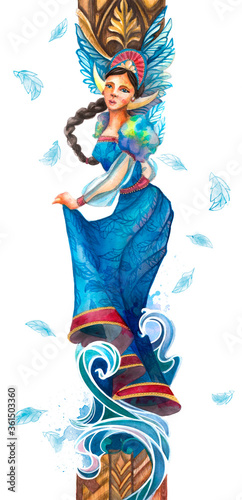 Canvas Print Using the waves of the ocean, the swan turns into a beautiful princess
