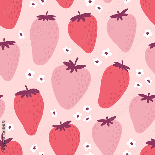Cute seamless pattern with pink strawberries. Natural summer print with berry, fresh fruits and flowers in hand drawn style. Colorful vector strawberry background.