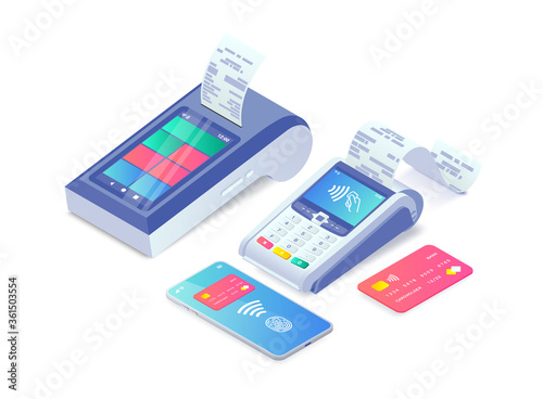 Cashless Payment machine isometric concept. 3d Contactless payment via smartphone, credit card, smart terminal with online cash desk. Success Mobile transaction NFC payments. Vector illustration.