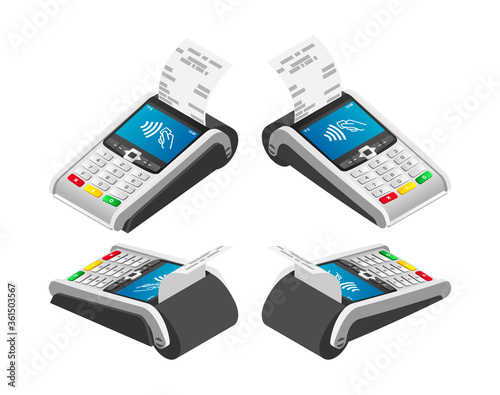 Isometric E-payments POS terminal with receipt set. 3d Wireless NFC payment terminal with check, isolated on white. Cashless payments, online shopping concept. Vector illustration for web, app, advert