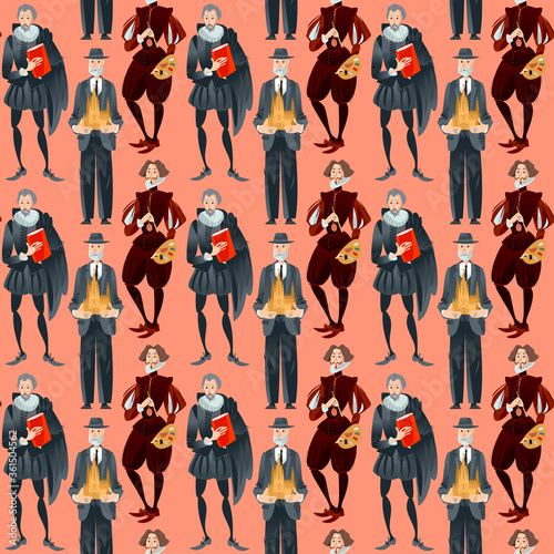 History of Spain. Famous people. Architect Antoni Gaudí, painter Diego Velázquez, writer Miguel de Cervantes. Seamless background pattern.