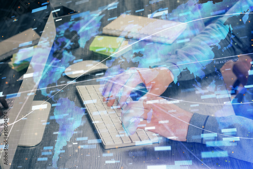 Wallpaper Mural Double exposure of technology hologram with man working on computer background. Concept of big data. Torontodigital.ca