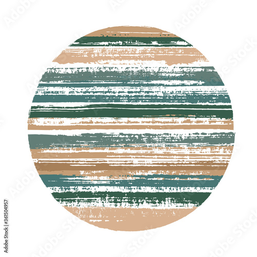 Vintage circle vector geometric shape with striped texture of paint horizontal lines. Disc banner with old paint texture. Badge round shape logotype circle with grunge background of stripes.