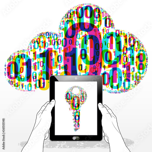 A Tablet PC vertically held presenting a    "Binary shaped key" icon is presented on the screen. A "Binary Data Cloud" icon sits in the illustration background casting a light drop shadow.