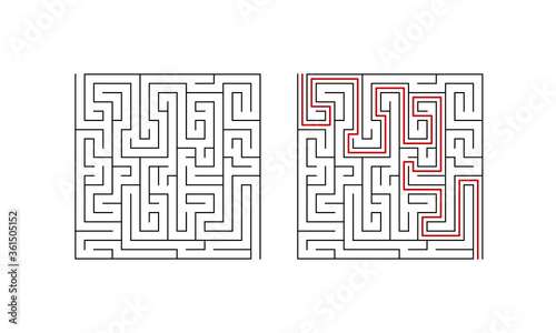 Labyrinth maze game for children. Second level puzzle with solution. Vector illustration.