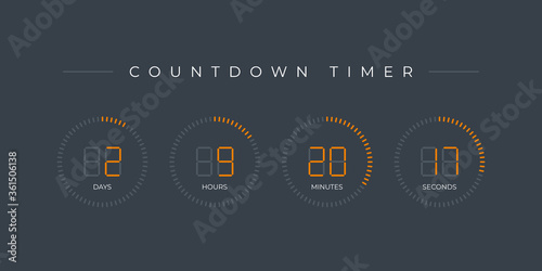 Vector modern design circle countdown timer display. Time counter with hours, hours, minutes and seconds. Gray background.

