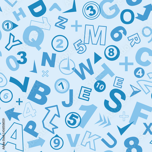 Numbers, letters, arrows in blue. Background in a school theme. Back to school. Seamless vector pattern.