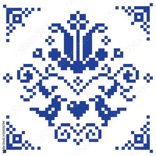 Retro cross-stitch vector floral pattern, folk background inspired by old German and Austrian style embroidery with birds and flowers