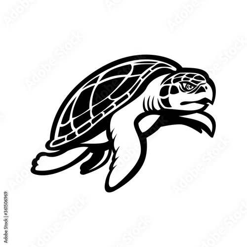 Kemp's Ridley Sea Turtle Swimming to Right Mascot Black and White photo