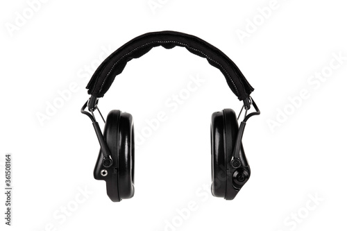 Modern active protective earphones isolate on a white back. A device for protecting ears and hearing from loud sounds. Headphones for shooting and work in production and construction.