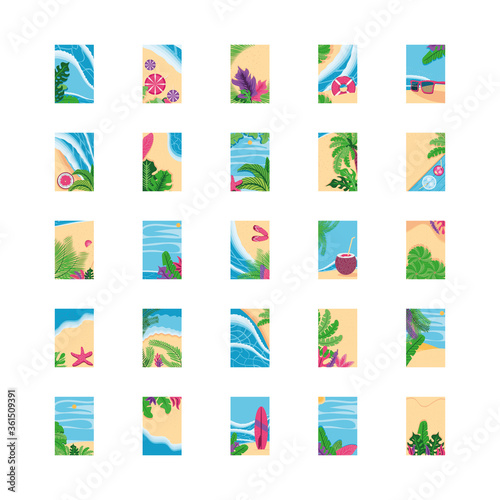 Summer backgrounds top view detailed style frames set vector design