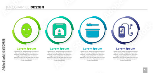 Set Facial cosmetic mask, Aroma lamp, Sauna bucket and ladle and Music player. Business infographic template. Vector.