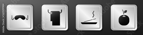Set Eye sleep mask, Towel on a hanger, Scented spa stick and Apple icon. Silver square button. Vector.