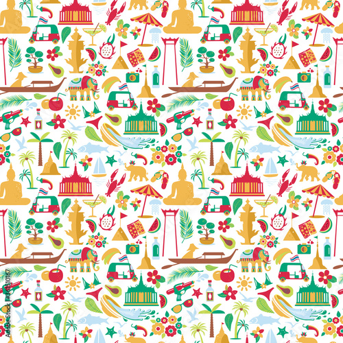 Asia Culture set of bruight icons in seamless pattern - Bangkok Thailand Vector Illustration on white background.