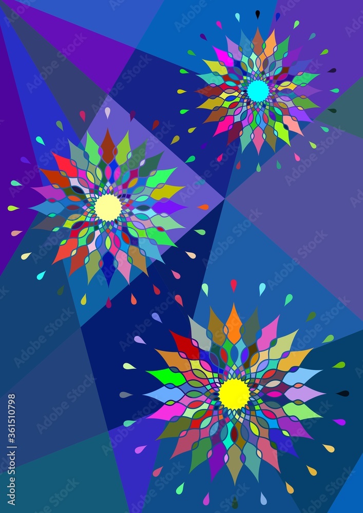 with colorful fireworks. bright color poster. abstract multicolored round ornaments on a blue polygonal background.