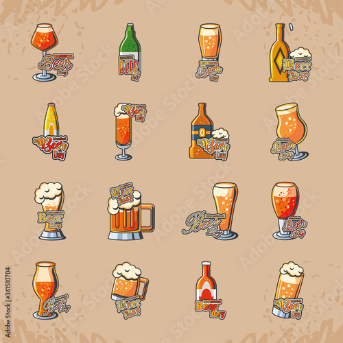 International beer day detailed style icon set vector design