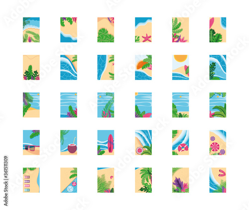 Summer backgrounds top view detailed style frames set vector design