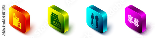 Set Isometric Online ordering and delivery, Online ordering and burger delivery, Fork and spoon and Coffee cup to go icon. Vector.