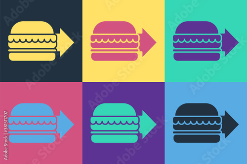Pop art Online ordering and burger delivery icon isolated on color background. Vector Illustration.