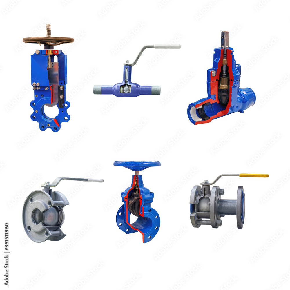 six modern shut-off valves with automatic and manual control for a gas pipeline isolated on a white background. Lengthwise cut six modern shut-off valves with automatic and manual control for a gas pipeline isolated on a white background. Lengthwise cut