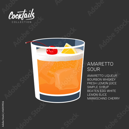 Amaretto sour cocktail drink lemon cherry vector illustration