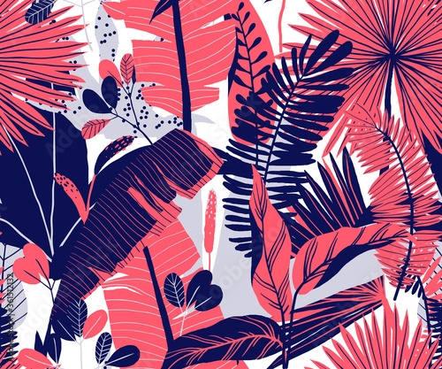Seamless pattern, hand drawn tropical plant, leaf, pink and blue tones on white background