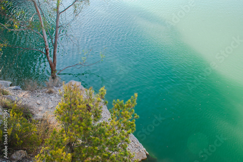 View on turquoise lake from top. Lake in Spain.