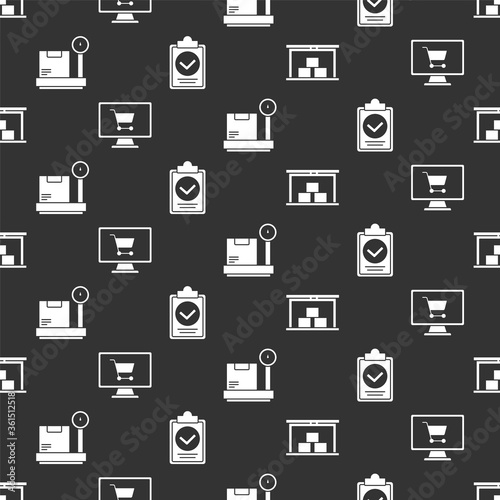 Set Warehouse, Shopping cart on computer, Scale with cardboard box and Verification of delivery list clipboard on seamless pattern. Vector.