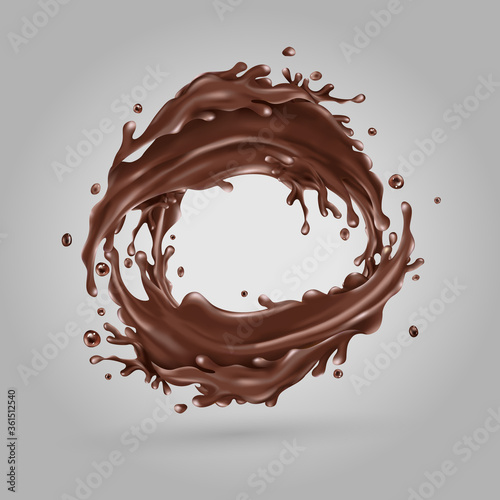 Liquid chocolate splashes circle on a gray background