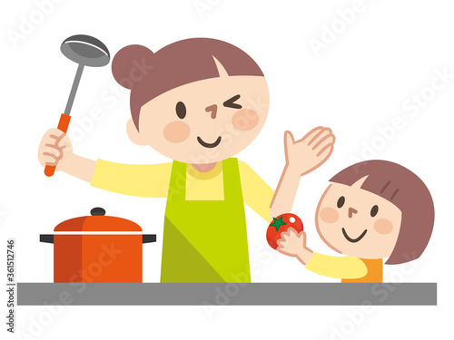 料理をする親子のイラストレーション