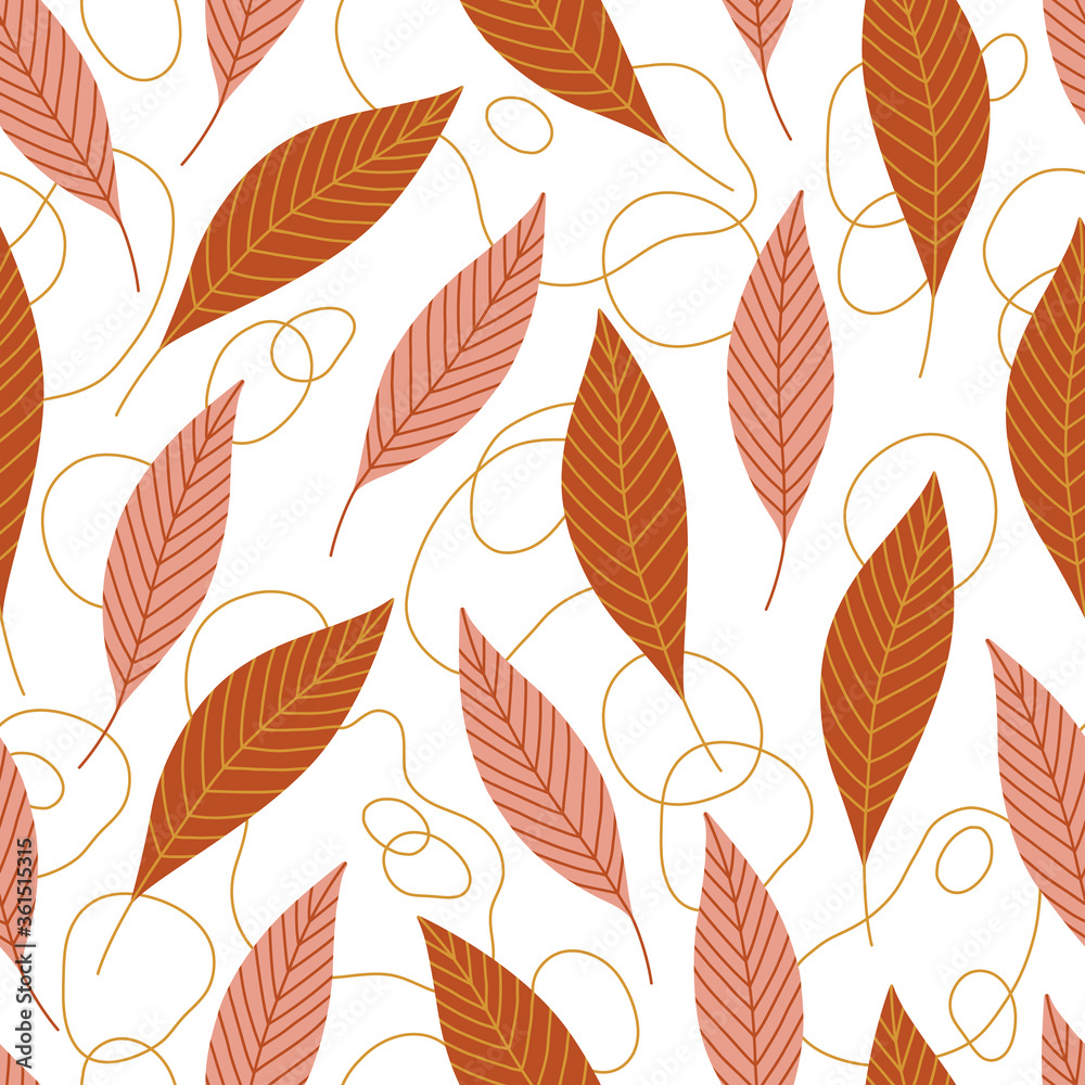 Hand drawn seamless pattern with leaves and outline gold shapes