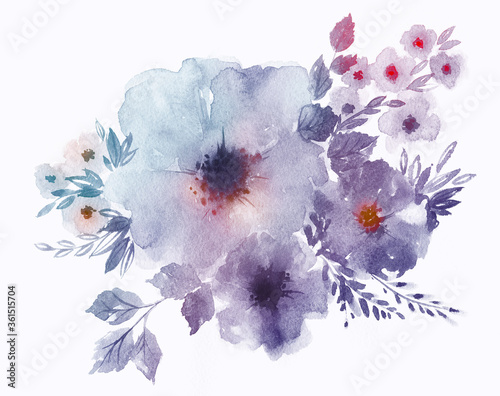 Watercolor floral bouquet with bright purple vivid flowers, leaves, for wedding stationery, greetings, wallpapers, fashion, backgrounds, textures, DIY, wrappers, cards. 