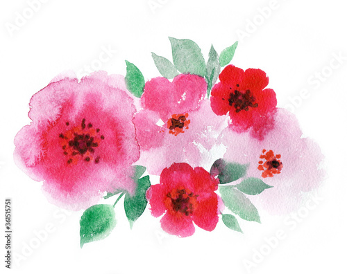 Pink summer flowers in bright colors. Watercolor botanical composition.