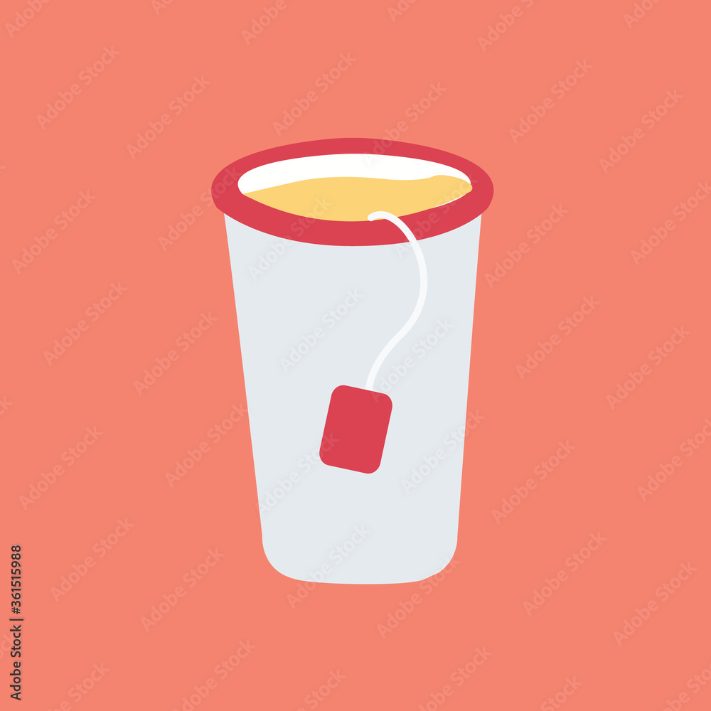 Opened simple clean take out flat design style or take away lemon tea in cardboard cup vector icon with tea bag Opened simple clean take out flat design style or take away lemon tea in cardboard cup vector icon with tea bag