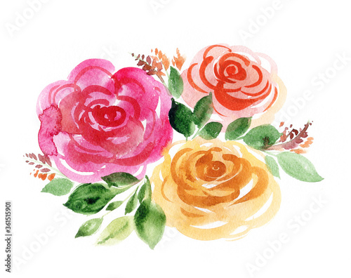 Watercolor bouquet of red, yellow and pink roses.