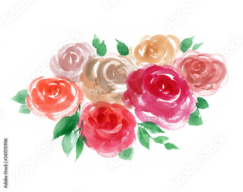 Hand-drawn floral composition for celebration cards. Watercolor bouquet of red, yellow, and pink roses.