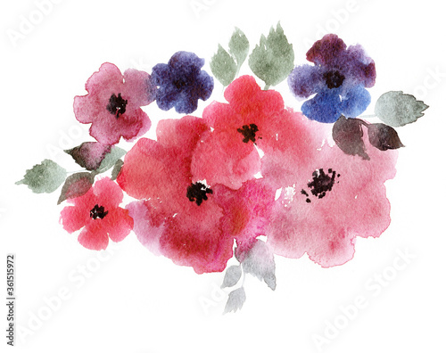 Spring branch of watercolor pink hibiscus flowers for greeting postcards.