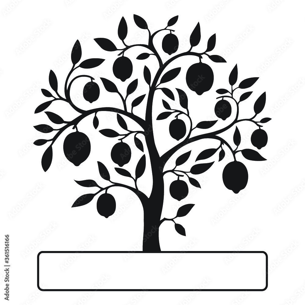 Illustration of a simple black lemon tree isolated on white background. Vector silhouette of a tree with a text box below.