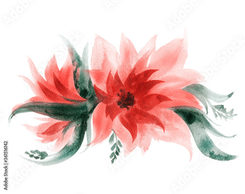 Tropical flowers and leaves. Trendy watercolor bouquet for birthday, wedding invitations, and modern nature backgrounds.