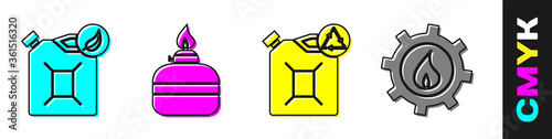 Set Bio fuel canister, Alcohol or spirit burner, Eco fuel canister and Oil industrial factory building icon. Vector.