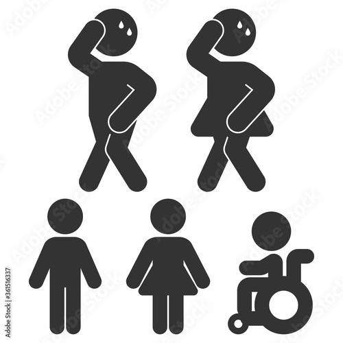 Funny toilet signs vector black silhouettes set isolated on a white background.