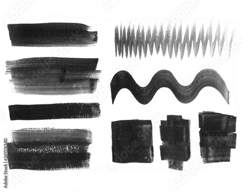 Watercolor hand-painted brush strokes. Black banners, smears, blobs, stains, stripes, stickers, web buttons, patch backgrounds.  Isolated creative decorative elements on white background.