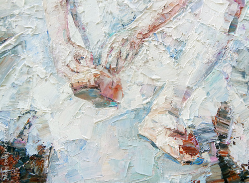 Little ballerina in a white tutu tying pointe shoes on her legs. Palette knife technique of oil painting and brush.