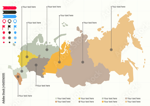 Stylized vector map of Russian in teal colors on dark background includiong a set of icons.