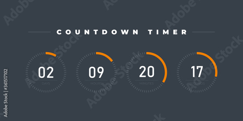Vector modern design circle countdown timer display. Time counter with hours, hours, minutes and seconds. Gray background.